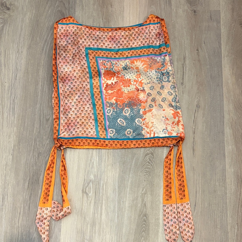 Pilcro Orange Teal Floral Patchwork Tie-Back Blouse